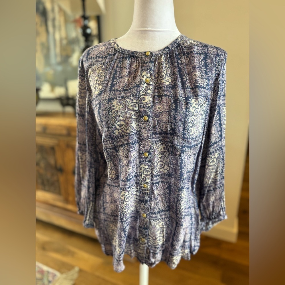 Anthropologie Akemi + Kim Peasant button up Blouse 3/4 Sleeve Purples Small boho - Picture 3 of 8
